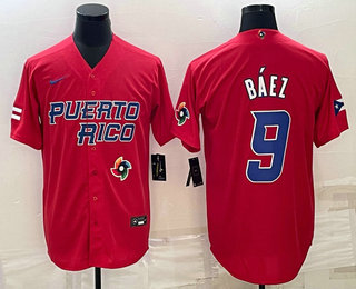 Mens Puerto Rico Baseball #9 Javier Baez 2023 Red World Baseball Classic Stitched Jerseys